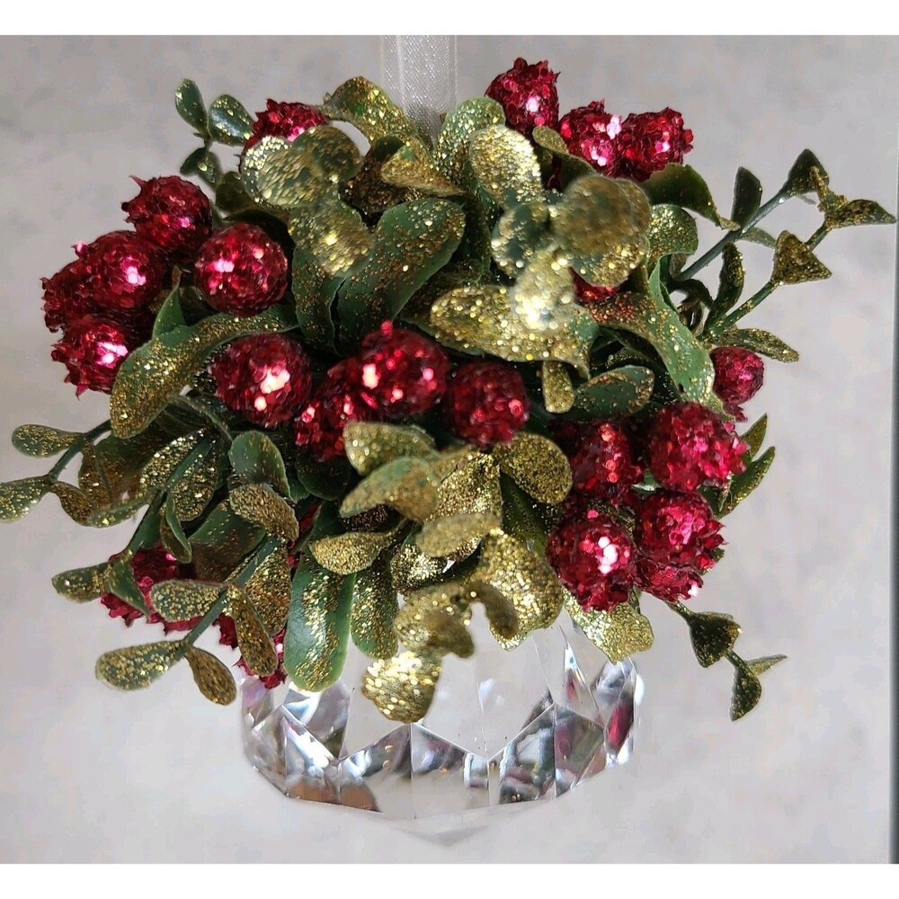 Mistletoe Kissing Krystal Faceted Ball Ornament Acrylic Approx 4.5" Ribbon
